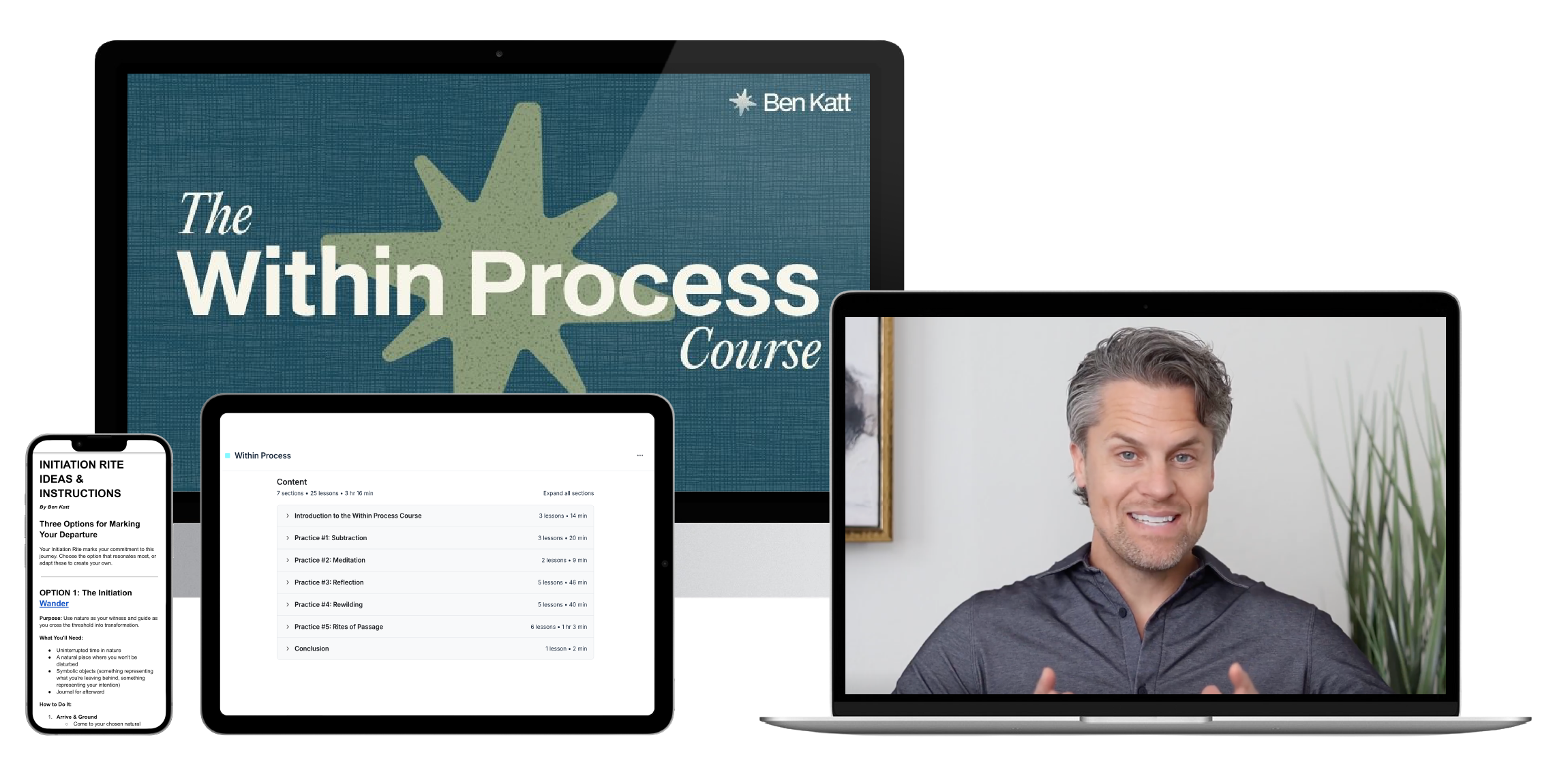 Digital course by Ben Katt on inner process, spiritual growth, and meditation techniques, available on multiple devices including smartphone, tablet, and laptop.